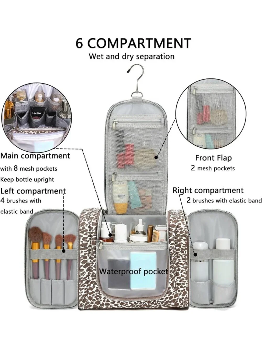 Leopard Print Hanging Travel Toiletry Bag - Large Capacity Organizer for Makeup